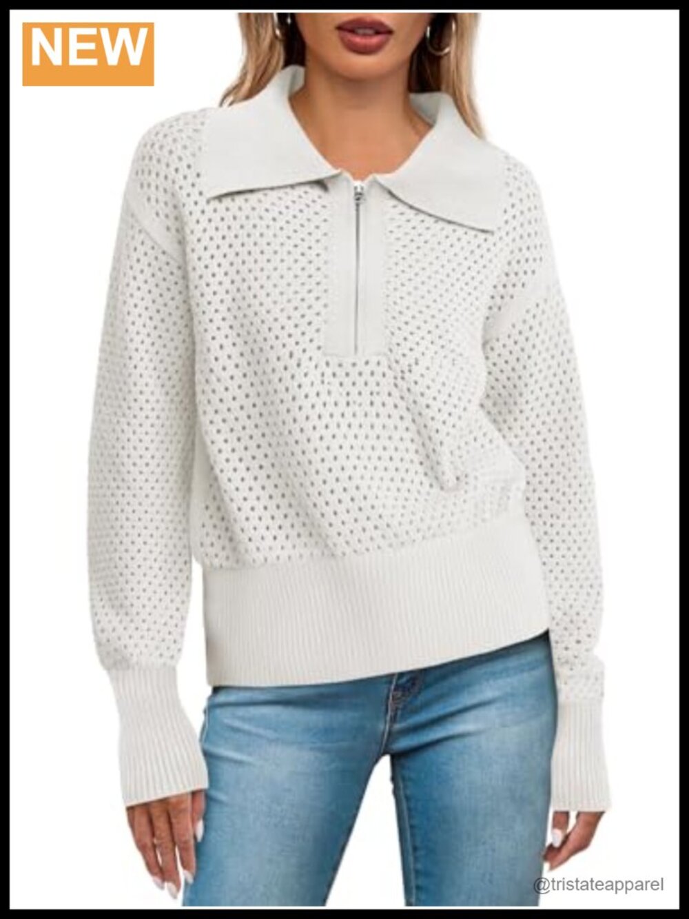 Womens Crochet Knit Half Zip Pullover Sweater Long Sleeve